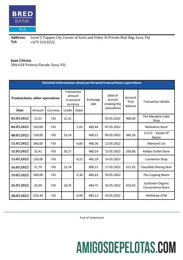 Fiji Bred Bank Statment amostra